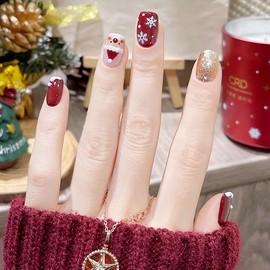 Christmas Red Press on Nails Short Square Fake Nails Artificial Manicure with White French Snowflake Xmas Cap Gold Glitter Stick on Nails Designs Acrylic Full Cover Nails for Women and Girls 24 Pcs
