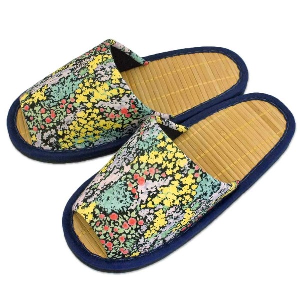 Bamboo Slippers, For Summer, Garden Flowers, Sewn Outside, Size M, Up to Approx. 9.8 inches (25 cm), Made in Japan, Loose, Stylish, Floral Pattern, Black