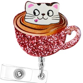 Cute Cat Nurse Badge Reel Retractable Funny Pink Coffee Badges Holder Nursing Accessories ID Clip for Doctor Student Teacher Healthcare Medical Work Assistant CNA RN Gifts