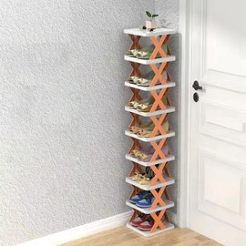 KOCASO Tall Narrow Vertical Shoe Rack, 9 Tier Space Saving Shoe Shelf Plastic Shoe Rack Free Stackable Shoe Organizer for Entryway, Living Room, Doorway, Closet, Bedroom, Corner, Orange