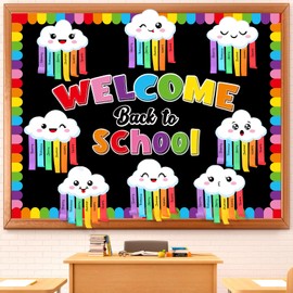 Chiisong Welcome Back to School Bulletin Board Set DIY Rainbow Cloud Classroom Paper Decorations Cute Cloud Cutouts with Rainbow Border Trim for Door Wall Decor First Day of School Supplies