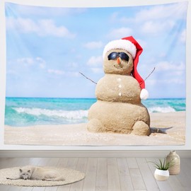 BELECO Christmas Snowman Tapestry Wall Hanging Tropical Beach Christmas In July Tapestry Backdrop Wall Decor 106x70 Inch Christmas New Year Party Decorations Backdrop Bedroom Living Room Home Decor