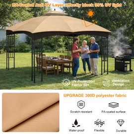 10x12 Double Tiered Gazebo Replacement Canopy for Lowe's Allen Roth, Upgraded 300D Polyester Heavy Duty Canopy Cover Top with Air Vent, Waterproof Gazebo Cover Roof for Outdoor Patio Garden (Khaki)