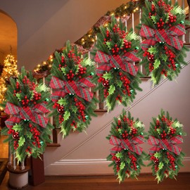 Lyrow 4 Pcs Christmas Artificial Swags 24" Xmas Stairway Swag Teardrop Trim Red Green Grid Christmas Staircase Decoration Garland for Indoor Outdoor Railing Decor(Red Green)