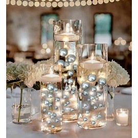 50 Floating Silver Pearls - Fills 1 GL - Shiny Jumbo Sizes + Must Have Transparent Gels Kit for The Floating Effect - Fascinating Centerpiece Vase Decorations