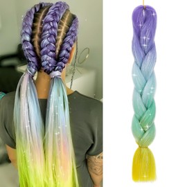 Benehair 24 Inches Braiding Hair Sparkly Braids Extensions Hair with Tinsel Mashup Colorful Synthetic Hair for Braid Hair Extensions for Women(Purple-Green-Yellow, 105g)