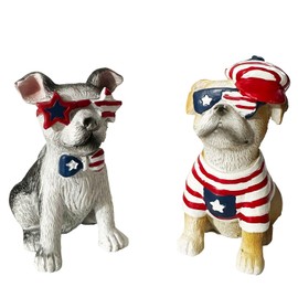 Patriotic Dog Figurines Set of 2 – American Flag Design Decorative Statues, Red White and Blue, Stars and Stripes Theme, 4th of July & Memorial Day Home Decor for Tabletop, Shelf, or Mantel Display