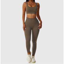 dohomiryo Women's Sports Suits, Jogging Suit, Sports Sets, 2-Piece Workout Outfit Set, Sports Crop Top + High Waist Yoga Leggings, Yoga Outfit, Leisure Suit, Sportswear, brown