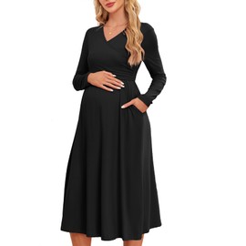 AISWI Women's 2024 Fall Maternity Nursing Dress with Pockets Long Sleeve V Neck Clothes Midi Pregnancy Dresses, Solid, Black, Medium