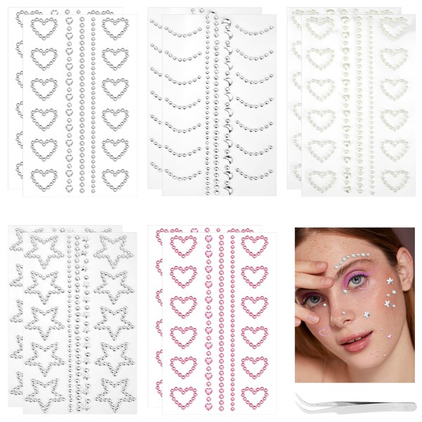 10 Sheets Face Gems Stickers Self Adhesive with Tweezers Heart