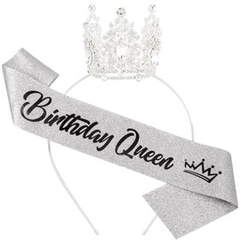 Birthday Queen Sash for Women Tiara & Crowns Headbands for Girls Happy Birthday Party Accessories Favor Supllies Leona Black Silver Pink, 2 Pack