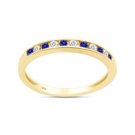 Round White Natural Diamond & Simulated Blue Sapphire Half Eternity Engagement Wedding Band Ring In 14K Yellow Gold Over Sterling Silver For Women (Clarity I2-I3, Color : I-J, 0.23 Cttw) Ring Size-4.5