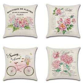Artscope Set of 4 Spring Pink Flowers Cushion Covers, Cotton Linen Decorative Square Throw Pillow Covers for Couch Outdoor Bench Patio Garden Farmhouse Decor, 45x45cm Spring-5