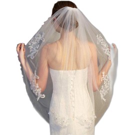 RULTA 1 Tier Lace Appliques Bridal Veil Crystal Beaded Tulle Wedding Veils with Comb (Ivory)