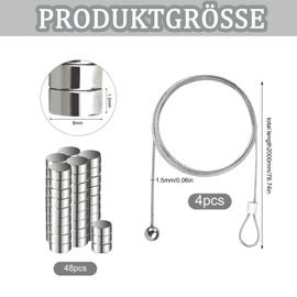 Photo Wire Rope, Pack of 4 Photo Wire with Magnets, 48 Button Magnets Photo Rope Stainless Steel Wire Rope Picture Hanging Rope Photo Rope with for Hanging Photo Postcards (2 m x 1.5 mm)