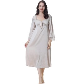 Flwydran Women's Nightdress Satin Silk Elegant Night Dress Pink Victory Sleep Shirt Cute Long Sleeves Retro Sleepwear - pink, size: m