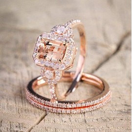 LVSHI Gorgeous 18K Rose Gold Filled Morganite Ring Engagement Bridal Women Jewelry Set Size 6-10 (Size 9), Size 9, Rose Gold