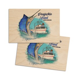 Daufuskie Island, South Carolina, Sailfish and Fishing Boat (4x6 Birch Wood Postcards, 2-Pack Stationary, Rustic Home Wall Decor)