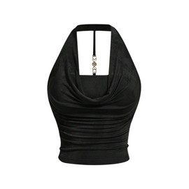 SOLY HUX Women's Plus Size Halter Draped Front Backless Tank Top Sleeveless Y2k Crop Tops Solid Black 4X-Large Plus