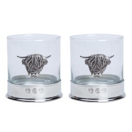 GaelSong Set of 2 Whisky Glasses Pewter Handcrafted 11 Oz, Celtic Barware for Scotch, Bourbon, Liquor and Cocktail Drinks Men's Gift (Highland Cow)