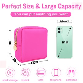 Nylon Mini Makeup Bag for Purse, Preppy Small Cute Makeup Bag Cosmetic Zipper Pouch Purse, Waterproof Travel Coin Pouch Sanitary Napkin Storage Bag Clutch Make Up Organizer for Women Girls(Hot Pink)