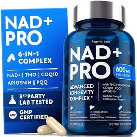 Suplemento NAD de 600 mg para hombres y mujeres con resveratrol, CoQ10, PQQ, TMG y Apigenina - Complejo de energía celular y longevidad 6 en 1 - Cápsu