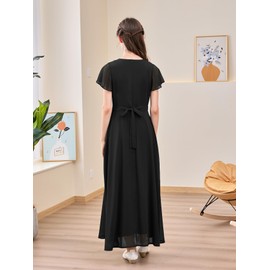GORLYA Girls Scoop Neck Ruffle Sleeve Vintage Elegant Flowy Wedding Party Long Maxi Chiffon Dress 10-16Y(GOR1184,14Y,Black)