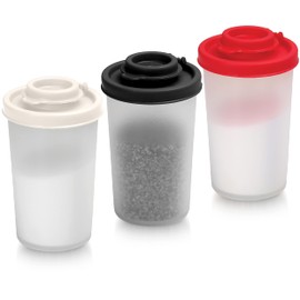 SIGNORAWARE Salt and Pepper Shakers Moisture Proof Salt Shaker to go Camping Picnic Outdoors Kitchen Lunch Boxes Travel Spice Set Clear with colored lids Plastic Airtight Dispenser (Large,3 pack)