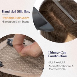 Elailite Human Hair Toppers for Women Real Human Hair Thinning Thin 9 * 12CM Silk Base Clip in Remy Hairpieces Hand-Tied 12 Inch Chocolate Brown