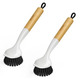 MR.SIGA Dish Brush with Handle, Dish Scrub Brush with Built-in Scraper, Bamboo Dish Brush for Pots and Pans, Kitchen Sink, 2 Pack