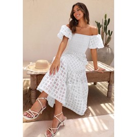 PRETTYGARDEN Women's Casual Summer Dress Puffy Short Sleeve Square Neck Smocked Tiered A Line Maxi Long Dresses (Plaid Beige White,Medium)