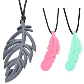 Chew Necklace for Sensory Kids Adults,Chewy Leaf Feather Beads Teething Necklace,Sensory Chew Necklaces Feather Teether,3 Pack