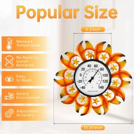 Metal Sun Wall-Mounted Outdoor Thermometers, 13.25 Inch Indoor Outdoor Thermometer Decorative for Patio, Living Room,Wine Cellar, Garden Home Decor, No Batteries Required