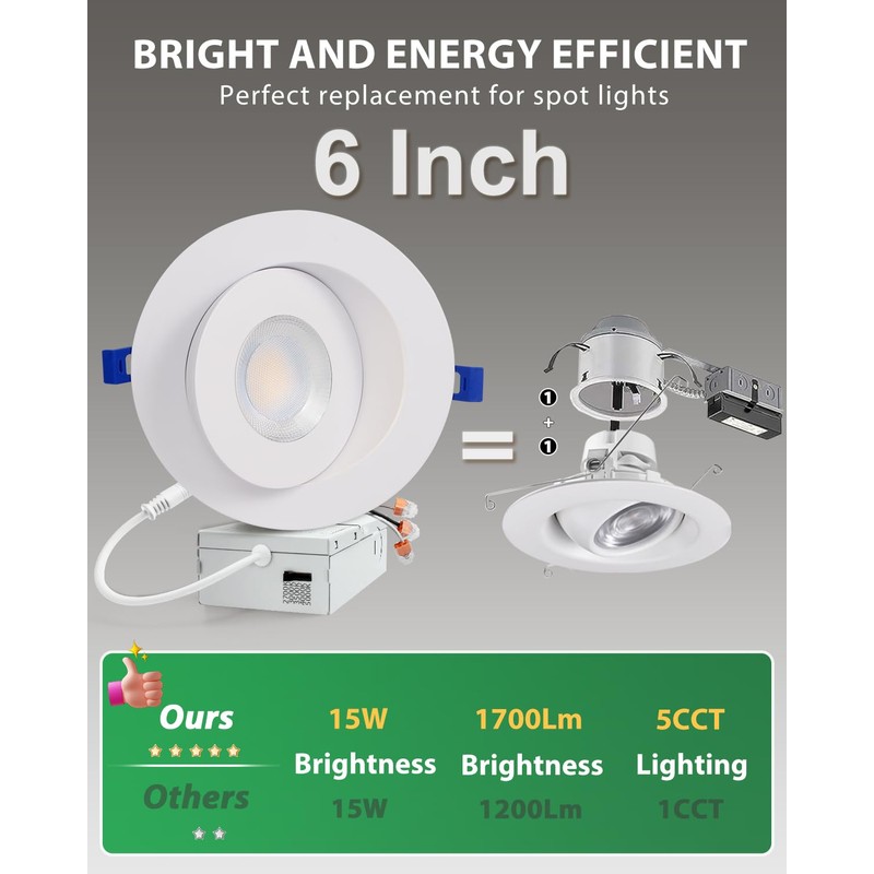 zouzai 6 inch 5CCT Gimbal Led Recessed Lights, 360°+90° Adjustable