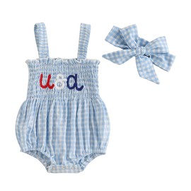 Kuriozud 4th of July Outfits Baby Girl USA Romper Fourth of July Onesie Independence Day Bodysuit Memorial Day Clothes (Blue USA, 3-6 Months)