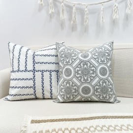 Slow Cow Embroidery Decorative Throw Pillow Cover Cushion Cover for Couch Sofa 18 x 18 Inches Canvas Embroidery Grey