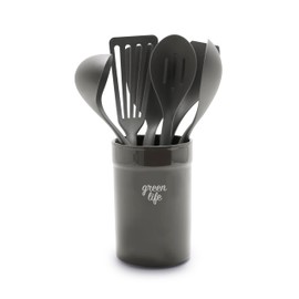 GreenLife Cooking Tools and Utensils, 7 Piece Nylon and Wood Kitchen Set with Ceramic Crock Holder, Heat Resistant Spatula and Spoons, BPA-Free, Black