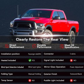 Marretoo for Dodge Ram Side Mirror replacement Right Passenger for 2014-2018,Ram 1500, 2019-20221500 Classic, 2013-2018 RAM 2500 Accessories With Power Glass Heated Textured Black 55372066AH (5Pins)