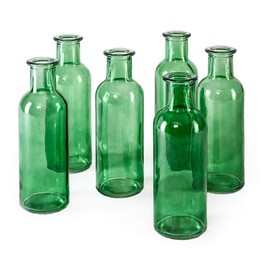 Serene Spaces Living Set of 6 Large Green Bud Vases, Apothecary Jars, Decorative Glass Bottles, Centerpiece for Wedding Reception, Antique Decoration, Flower Vases, Measures 6.5" Tall & 2" Diameter