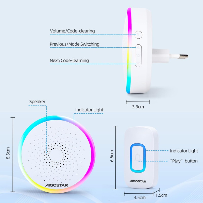 Aigostar Wireless Bell with RGB Light, IP55 Waterproof Outdoor Door