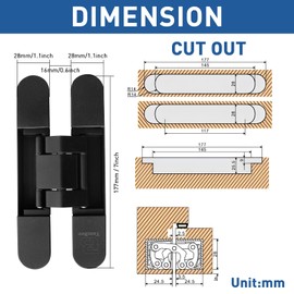 TamBee Hidden Door Hinge Invisible Hinges - Black, 3 Way Adjustable, Zinc Alloy, Concealed, for Secret Doors, Hidden Door and Bookcase Door 7 Inch (2 Hinges)