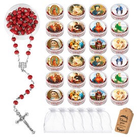 24 Pcs Scented Catholic Rosaries Bulk Wood Bead Crucifix Pendant Rosary Necklace for Baptism First Communion Favors, Holy Catholic Regligious Event Prayer Gifts, Stocking Stuffers for Women Men (Red)