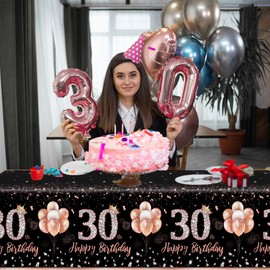 GREHUMOR 3Pcs Rose Gold 30th Birthday Tablecloths for Women, Happy 30 Year Old Birthday Party Supplies, Plastic Disposable Rectangular Table Decorations