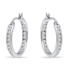 14K Gold Flashed 2mm Channel-set Cubic Zirconia Hoop Earrings, White Yellow Rose Gold CZ Hoop Earrings for Women Girls, Metal, Cubic Zirconia