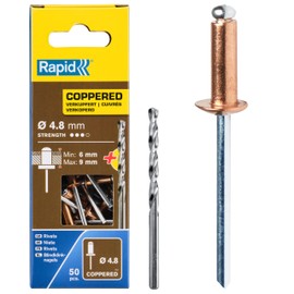 Rapid High Performance Copper Coated Aluminium Rivets, Ø4.8 x 12 mm - 4.8mm Rivets for Gutters, Piping, and Sheet Metal - Includes Drill - 50 Pieces, Carton Boxed (5001467)