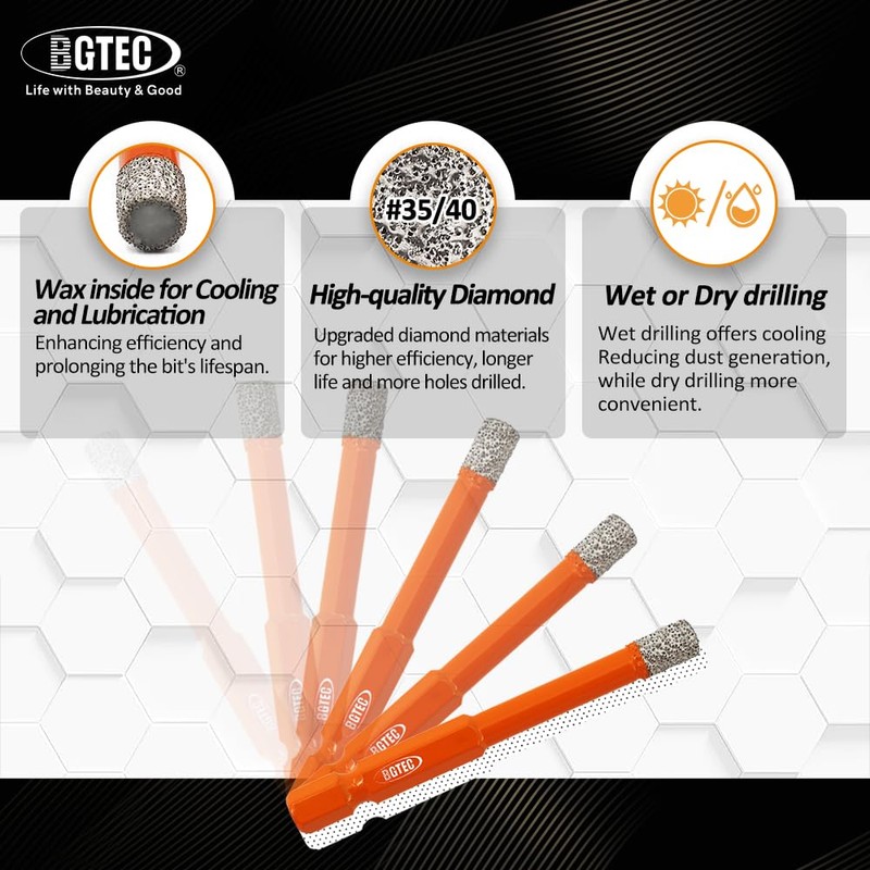 BGTEC Diamond Drill Bit Set 12PCS - 5MM+6MM*2+8MM+10MM Tile Bits