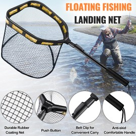 PLUSINNO Floating Fishing Net for Steelhead, Salmon, Fly, Kayak, Catfish, Bass, Trout Fishing, Rubber Coated Landing Net for Easy Catch & Release, Compact & Foldable for Easy Transportation & Storage