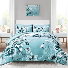 Luxudecor Floral Comforter Set Twin Size 7 Piece, Aqua Flower Bed in a Bag, Elegant Gradient Floral Comforter with Sheet Set, Soft Seersucker Microfiber Bedding Set for All Season (Aqua, 68"x86")
