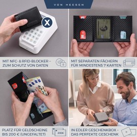 VON HEESEN Slim Wallet with RFID Protection - Men's Small Wallet - Mini Purse Women's Wallet - Card Holder Genuine Leather Card Wallet - Leather Credit Card Holder, Black carbon, Mini coin compartment