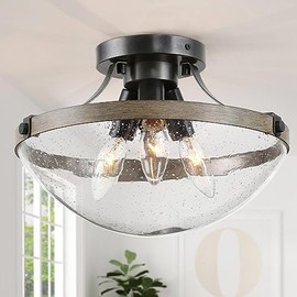 Semi Flush Mount Ceiling Light Fixture, 3-Light Modern Farmhouse Close to Ceiling Light Fixtures with Seeded Glass Shade, Dome-Shaped Hallway Light Fixtures Ceiling for Bedroom, Kitchen